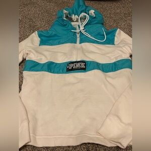 Victoria's Secret PINK White and Teal Half-Zip Hoodie